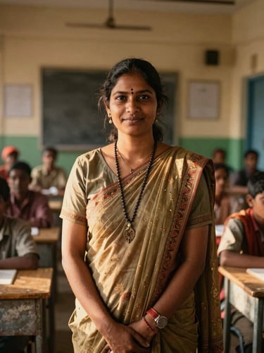 Warm editorial portrait of a female regional coordinator standing in a sunlit community classroom in India, natural golden-hour daylight, authentic human moment, 35mm