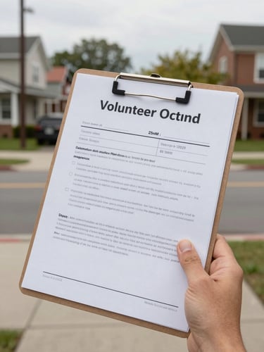 Close-up of a volunteer's hand holding a petition clipboard, bright natural daylight, documentary editorial photography, 35mm lens.