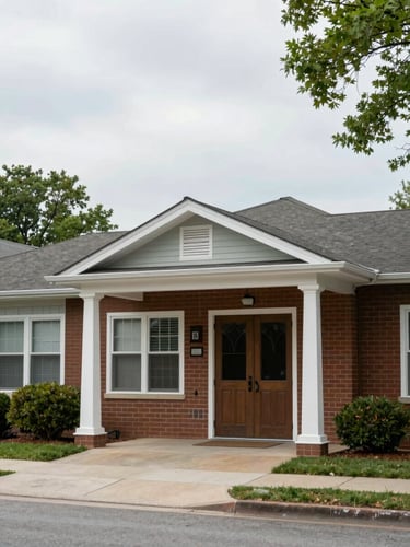 Wide environmental shot of a local neighborhood town hall entrance, natural overcast daylight, realistic setting, documentary editorial photography.