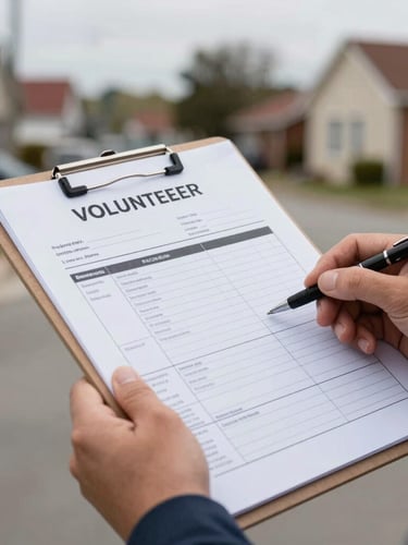 Close-up of a volunteer's hands holding a clipboard with a petition form, a pen resting on the paper, natural overcast daylight, 35mm lens.