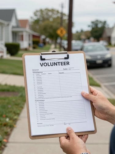 Bright daylight documentary editorial shot of a volunteer holding a clipboard with a petition form on a local neighborhood sidewalk, 35mm lens, clear focus.