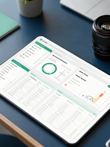 Overhead desk layout with clean data dashboards showing real-time inventory metrics, cool crisp daylight, sharp focus, 35mm lens