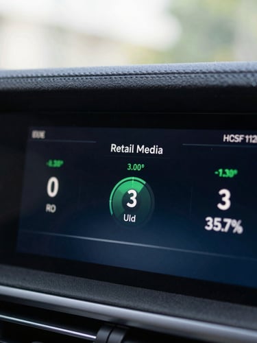 Macro close-up of a clean dashboard interface displaying real-time retail media metrics, cool natural daylight, sharp focus, 35mm lens.