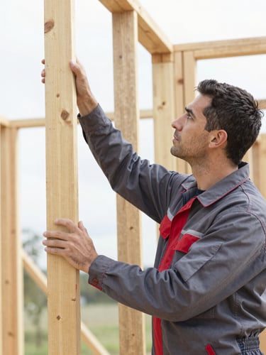 A high-contrast portrait of a restoration expert in a clean uniform inspecting structural wall framing, bright natural daylight, detailed, professional.