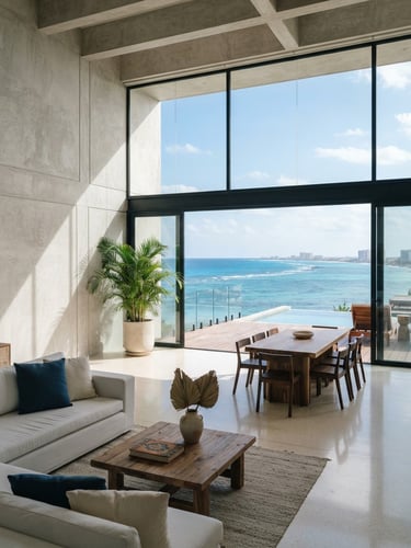 Wide shot of a modern minimalist villa interior in Cancún, sunlit concrete walls, polished floors, large open windows showing the ocean, bright natural daylight, 35mm lens