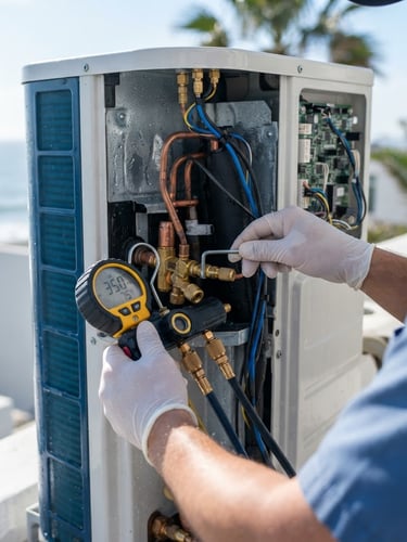 Macro shot of professional technical tools and clean hands calibrating an air conditioning unit, bright coastal daylight, sharp focus, 35mm lens