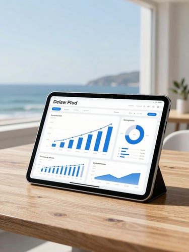 Sleek modern tablet displaying clean financial dashboard charts on a wooden table, bright coastal light, professional corporate feel