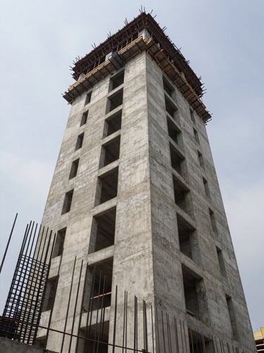 Wide environmental shot looking upward along a reinforced concrete column on an active São Paulo high-rise construction site, steel rebar visible in the foreground, overcast morning light diffusing evenly across the raw concrete surface, scaffolding receding into the upper frame, no workers or text in frame