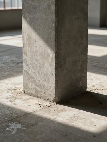 Tight architectural detail of a finished concrete column base meeting a polished floor slab, early morning side-light casting sharp geometric shadows, no people in frame, honest documentary framing showing construction precision