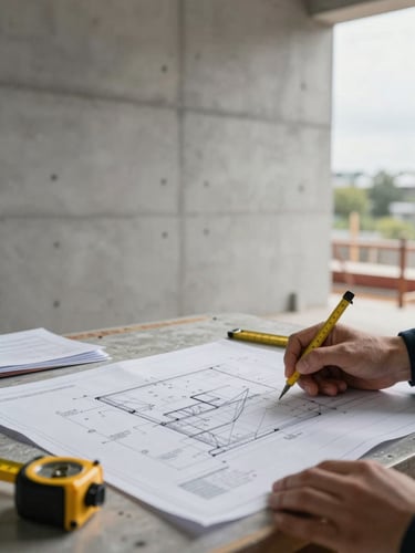 Close-up of a structural engineer reviewing printed technical drawings on a construction site table, raw concrete wall behind, overcast natural light from an opening to the right, measuring instruments and stamped report pages visible, no faces shown, documentary framing