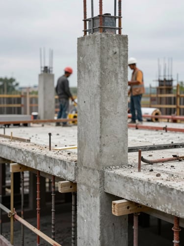 Close-up of concrete formwork being positioned by workers on a mid-rise construction floor, overcast natural light, structural steel columns visible in background, documentary framing showing scale of the active site