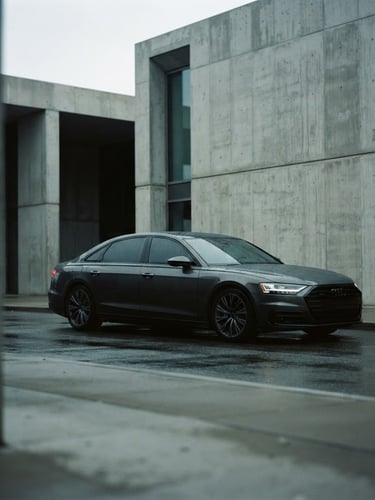 Sleek modern executive sedan parked beside a minimalist concrete terminal, cool overcast daylight, desaturated dark tones, cinematic lighting, shallow depth of field, 35mm