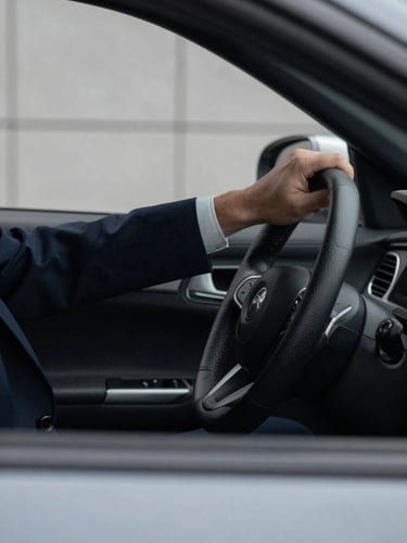 Close-up of a chauffeur in a tailored dark suit adjusting a leather steering wheel, soft side lighting, desaturated tones, architectural clean lines, shallow depth of field, 35mm