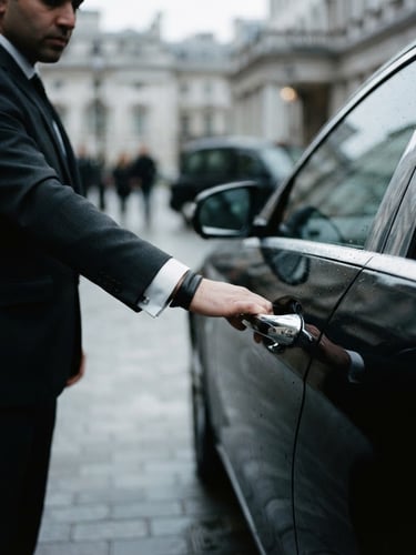 sleek editorial photography of a chauffeur's hand in a tailored dark suit adjusting the polished chrome door handle of a pristine black executive sedan, cool overcast daylight, desaturated dark tones, cinematic lighting, shallow depth of field, 35mm