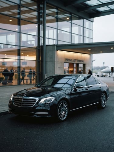 Wide-angle shot of a pristine black executive sedan parked outside a modern glass aviation terminal, cool overcast daylight, cinematic lighting, shallow depth of field, 35mm