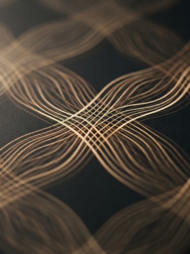 Macro photograph of a high-resolution screen showing intricate golden geometric wave patterns, soft dramatic side-lighting, warm champagne tones, shallow depth of field, 35mm