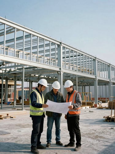 Low-angle architectural perspective of structural engineers reviewing blueprints on an active commercial job site, crisp morning daylight, cool steel tones, 35mm lens.