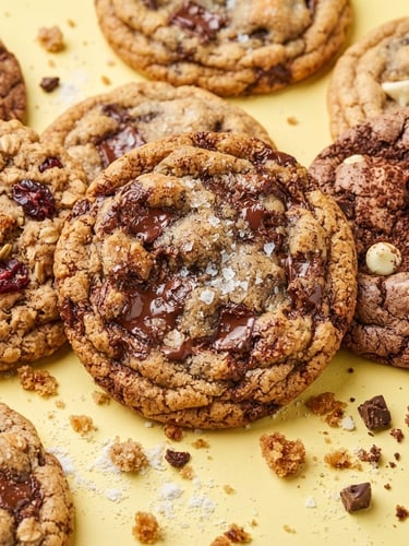 Close-up of modern cookies showing rich texture and crumbs on a vibrant soft yellow pastel backdrop, bright high-key studio lighting, sharp focus