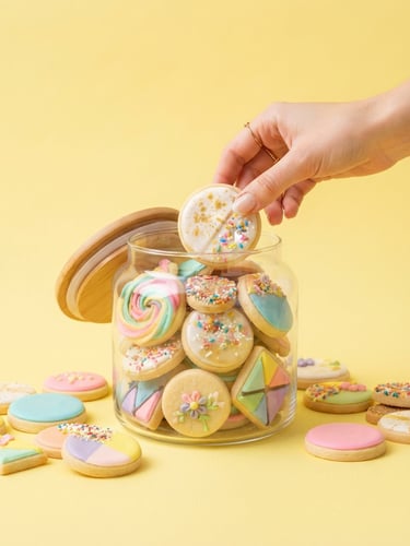 Close-up of modern cookies on a vibrant pastel yellow backdrop, hand reaching for a cookie jar, bright high-key studio lighting, 50mm