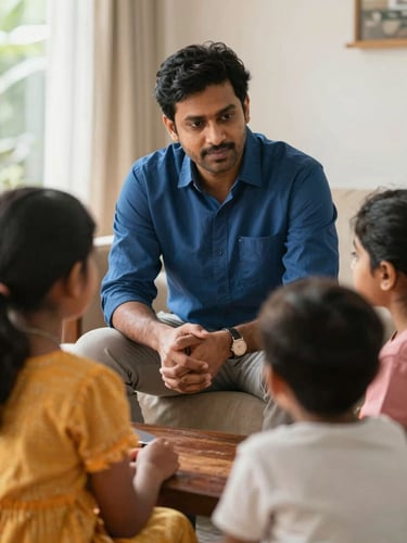 Eby, a professional South Indian man, consulting with a local family in a warm, comfortable home setting, showing genuine connection and trust, bright natural daylight, 35mm