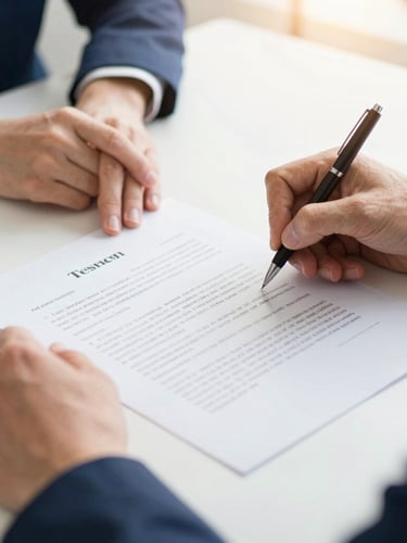 Close-up of hands signing a policy document with a pen, clean desk, warm natural daylight, focus on the document, professional and trustworthy.