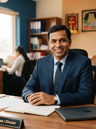 Professional portrait of Eby, a friendly South Indian man in a blue business suit, smiling confidently, in a warm, professional Thoothukudi office setting with subtle traditional elements, bright natural daylight, 35mm