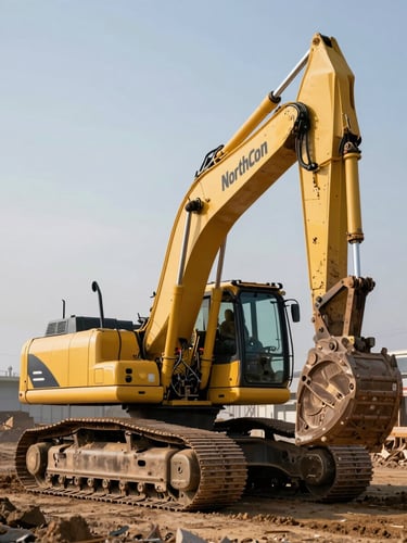 Low-angle heroic shot of a heavy yellow excavator with NorthCon branding on an active commercial job site, crisp high-contrast morning light, industrial background