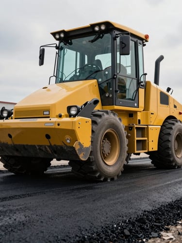 Low-angle heroic shot of a heavy yellow asphalt paver operating on a commercial job site, fresh dark asphalt texture, overcast morning light.