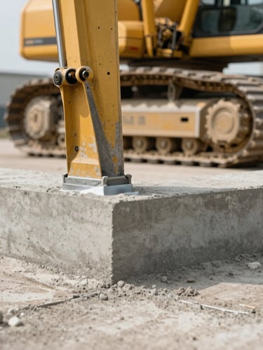 Close-up of a freshly poured commercial concrete joint with clean sealant lines, heavy yellow excavator tracks visible in the background, crisp daylight