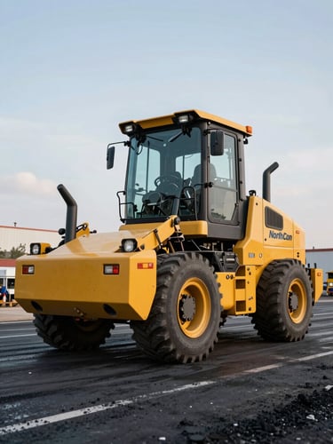 Low-angle heroic shot of a heavy yellow asphalt paver with NorthCon branding on a massive commercial site during crisp morning light.