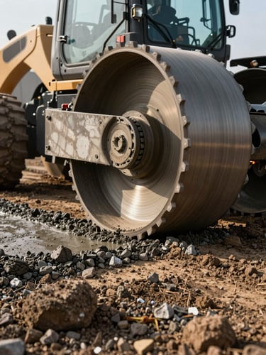 Close-up low-angle shot of a heavy soil stabilizer machine mixing cement into the raw earth sub-grade. Crisp morning light highlights the textured gravel and powerful rotating drum, shallow depth of field.