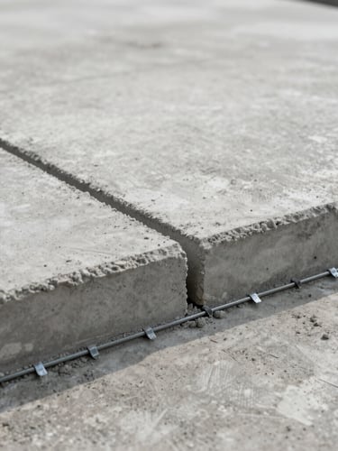 Close-up of freshly finished commercial concrete slab with clean expansion joints, steel doweled reinforcement visible at the edge