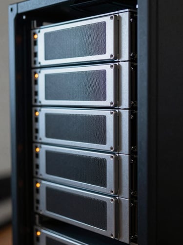 Macro shot of clean server hardware rack in a dark room, illuminated by cool silver key lights and subtle orange indicators.