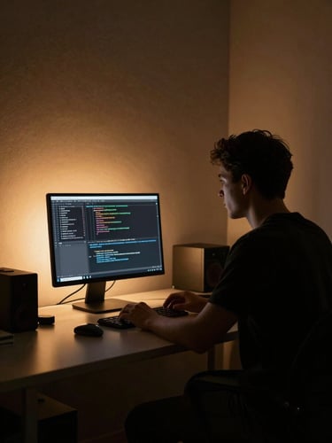 A developer working in a dark, minimalist workstation, sharp amber backlighting casting a clean silhouette, code terminal visible on screen.