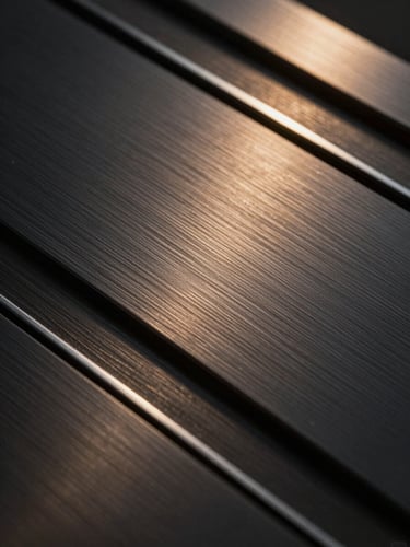 Extreme close-up of dark brushed metal textures with sharp amber backlighting and thin silver geometric lines.