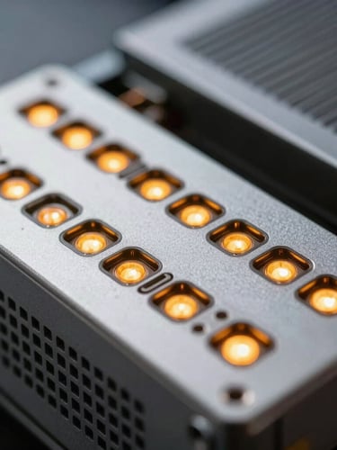 Extreme close-up of high-performance server hardware with glowing amber status LEDs, cool silver metallic textures, shallow depth of field.