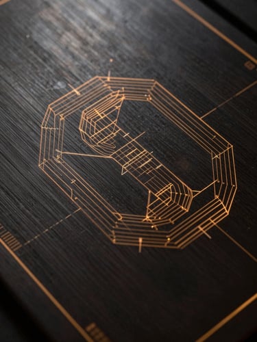 Macro close-up of dark brushed metal plates with precise geometric wireframe lines glowing in faint amber, technical blueprint aesthetic, low-key lighting.