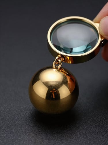 A close-up of a jeweler examining a 22K 916 hallmarked gold ornament with a loupe, dramatic side lighting, dark charcoal background