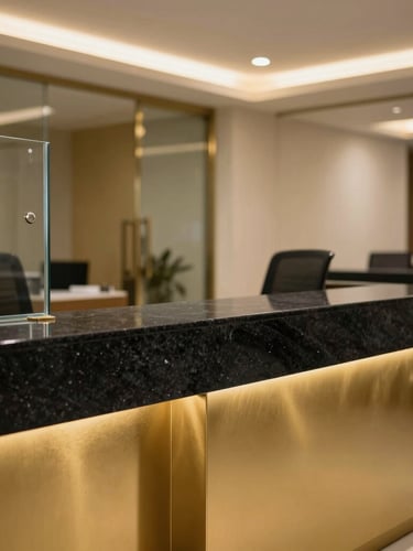 A clean, modern corporate gold office interior in Thrissur, featuring matte black stone counters, champagne gold accents, and secure glass partitions under warm spotlights.