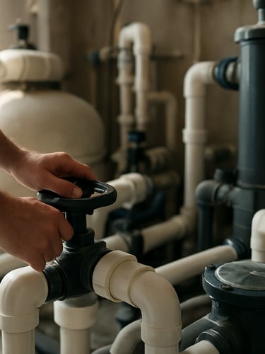 Close-up environmental shot of a pool pump room interior under natural daylight, pipes and filtration units in the foreground, technician's hands operating valve controls, depth-of-field blurring background equipment