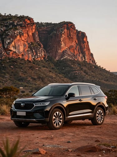 Modern black executive SUV parked on a scenic overlook in Chapada dos Guimarães, red sandstone cliffs in background, soft golden hour sunlight, editorial travel photography.