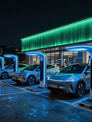 Wide architectural shot of a futuristic EV charging hub integrated into a modern Indian commercial hub at night, sleek electric vehicles, dramatic neon-blue rim lighting, 35mm lens.