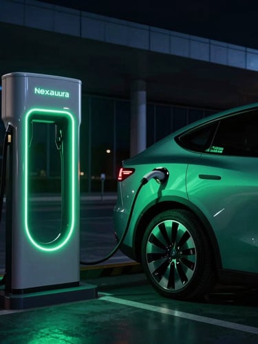 Cinematic low-key shot of a premium electric vehicle connected to a glowing Nexaura DC ultra-fast charging station at night, sharp emerald-green rim lighting on metallic surfaces, 35mm lens, wide architectural perspective.