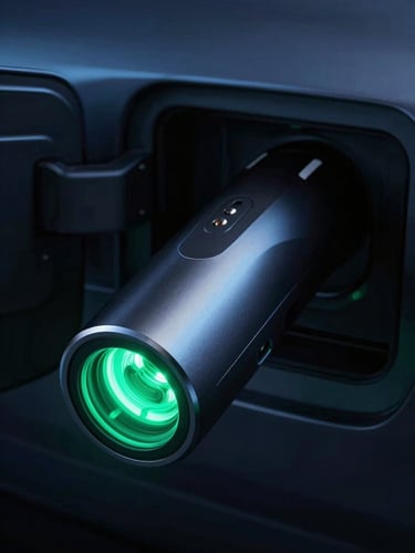 Macro shot of a sleek liquid-cooled EV charging connector glowing with an emerald green light, metallic obsidian casing, cinematic dark lighting, 35mm lens