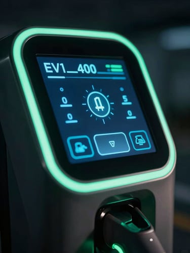 Tight macro shot of a premium digital interface on an EV charging station, glowing electric blue telemetry data, dark metallic casing, neon green accents, cinematic depth of field.