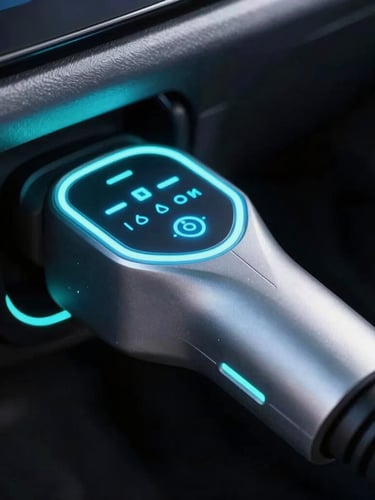 Tight macro shot of a premium EV charging connector with glowing electric blue interface indicators and sharp rim lighting on metallic surfaces
