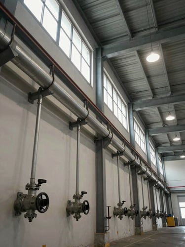 Wide-angle view inside a large warehouse interior, wall-mounted fire suppression pipe network and spray heads running along ceiling joists, neutral daylight from high clerestory windows, no people, industrial steel structure visible in background