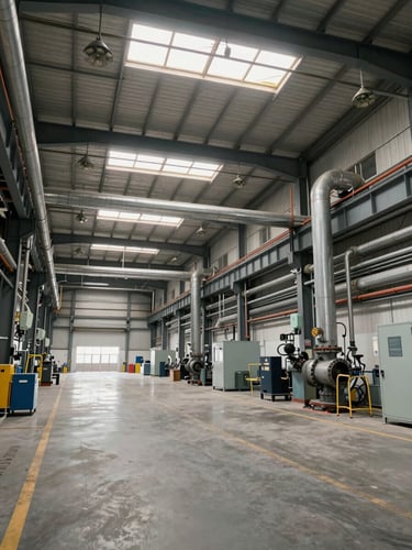Wide shot of a large industrial warehouse interior, ceiling-mounted fire suppression pipes and spray heads visible in orderly rows, neutral overcast daylight through skylights, no people, equipment in full operational context