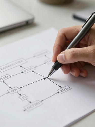 Close-up of hands annotating a printed system diagram on a desk, a fine-tip pen mid-stroke on a process flow arrow, clean studio daylight from the left, shallow depth of field with the workflow lines sharp and the background workspace softly out of focus