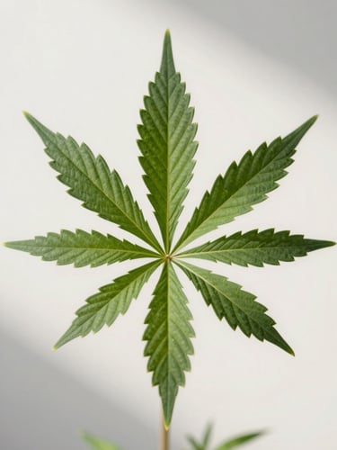 A close-up of a perfectly turgor cannabis fan leaf, crisp details of veins, soft diffused north-facing daylight, clean background